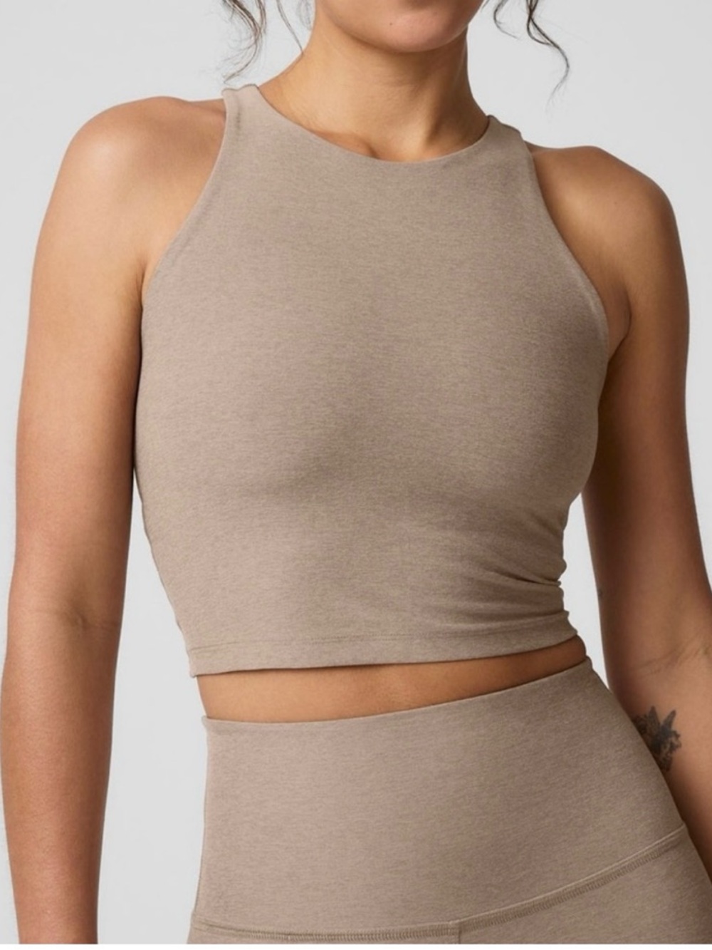 Beyond Yoga Spacedye Refocus Cropped Tank with Shelf Bra Birch Heather Beige XS